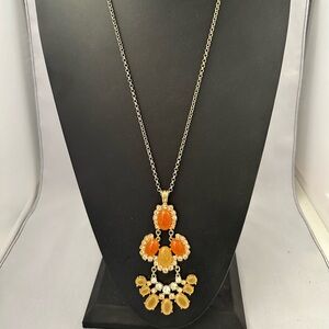 J Crew gold tone long necklace with orange and gold acrylic stones